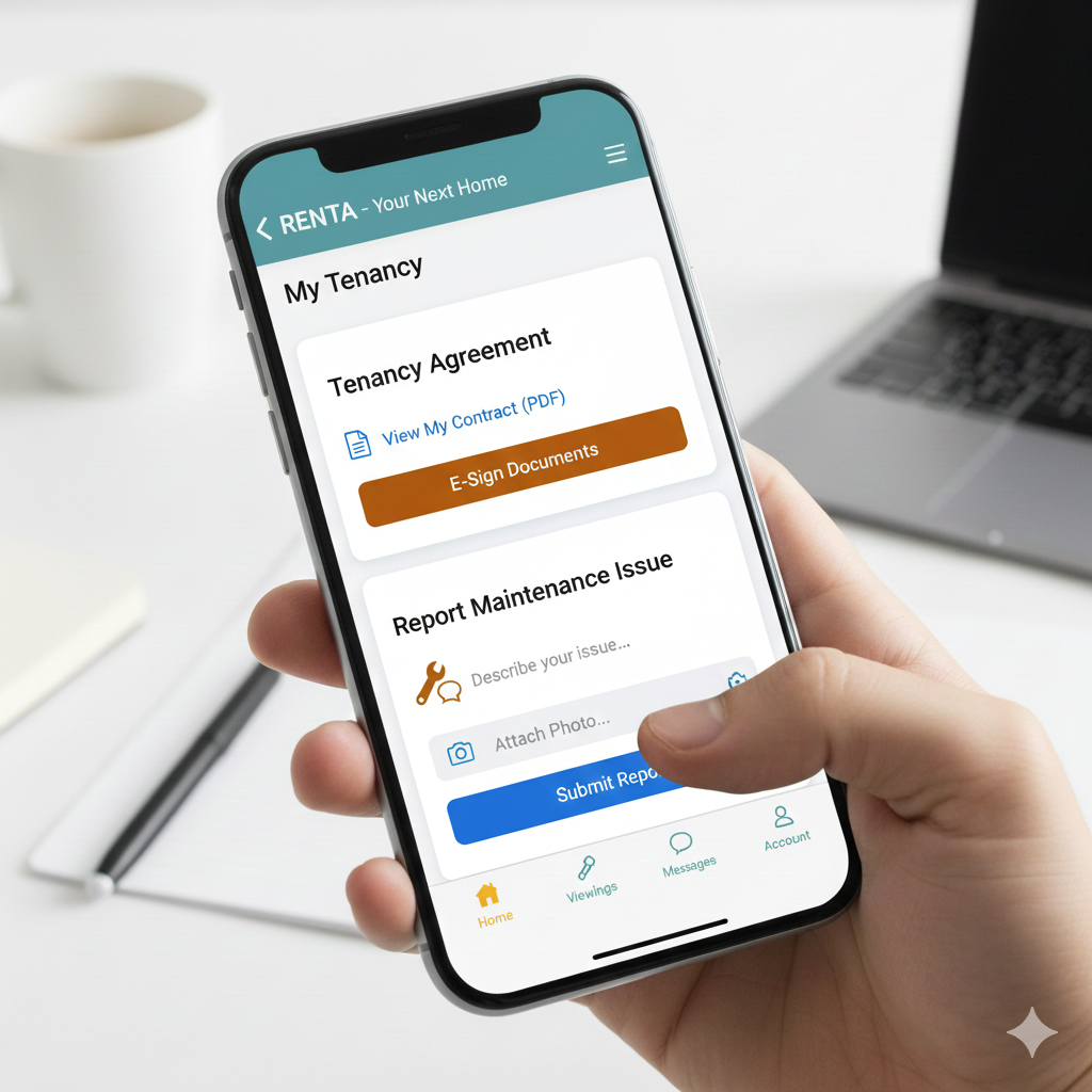 A phone showing a tenant app